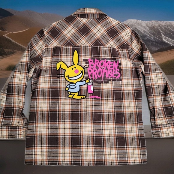 Broken Promises X Happy Bunny Tops - 🐰Broken Promises x Happy Bunny Flannel Women's S Brown Plaid Graphic Y2K Art